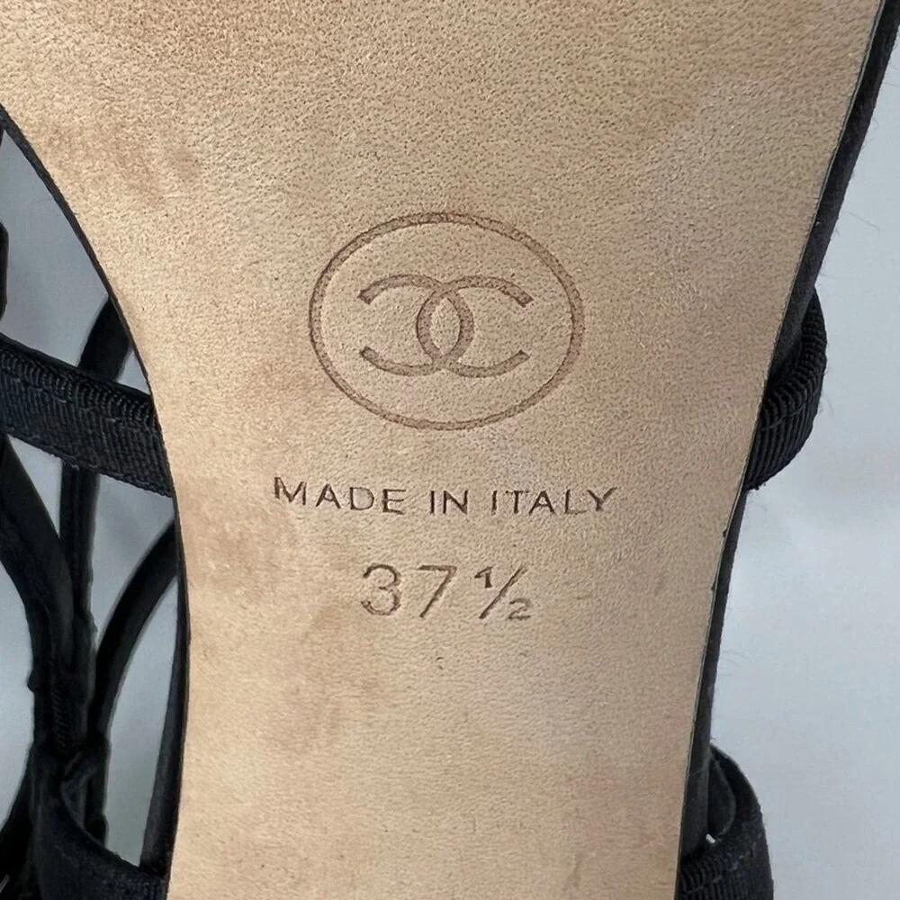 Chanel Pearl Heel‎ Grosgrain Gladiator Sandals Black 37.5